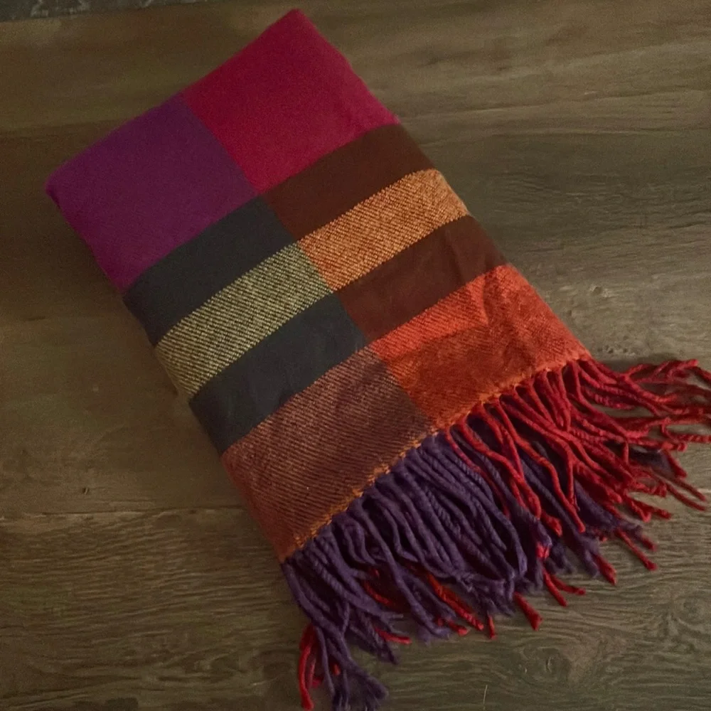 Merona Blanket Scarf Oversized Multi Color Wrap 100% Acrylic Orange Purple Plaid